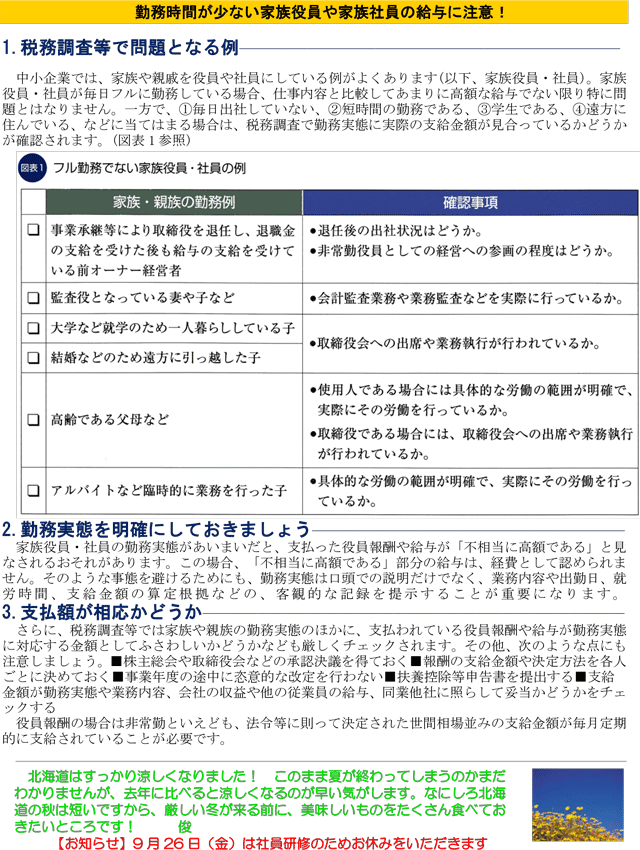 勤務時間が少ない家族役員や家族社員の給与に注意！